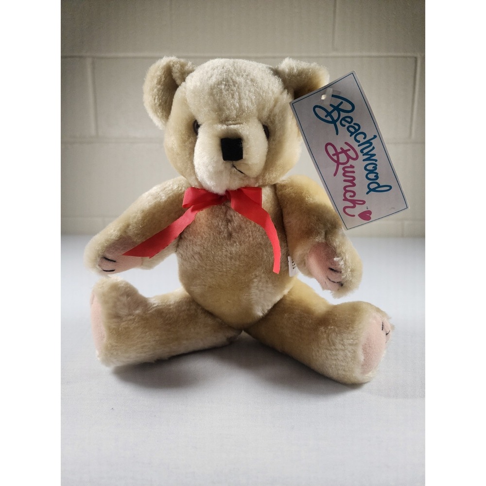 Beachwood Bunch Plush Teddy Bear‎ Unisex Tan Jointed Vintage Red Ribbon Stuffed